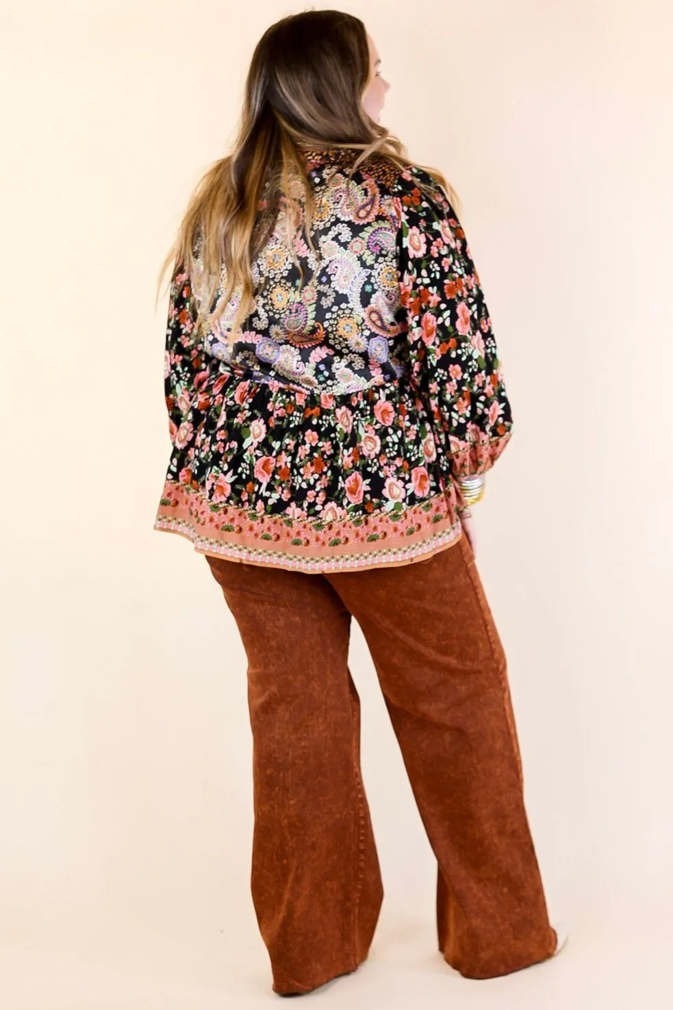 Floral Fusion Long Sleeve Floral Print Top in Black