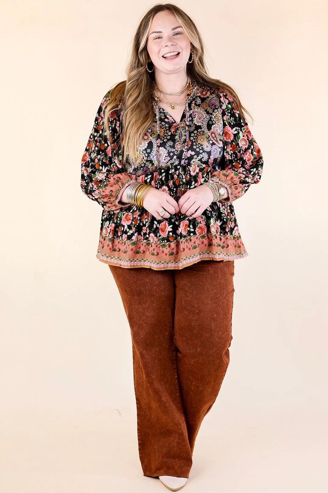 Floral Fusion Long Sleeve Floral Print Top in Black