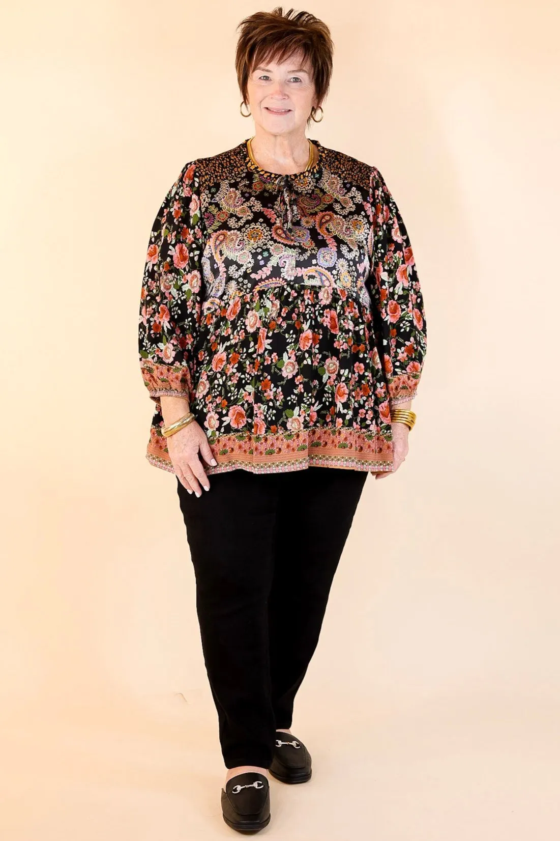 Floral Fusion Long Sleeve Floral Print Top in Black