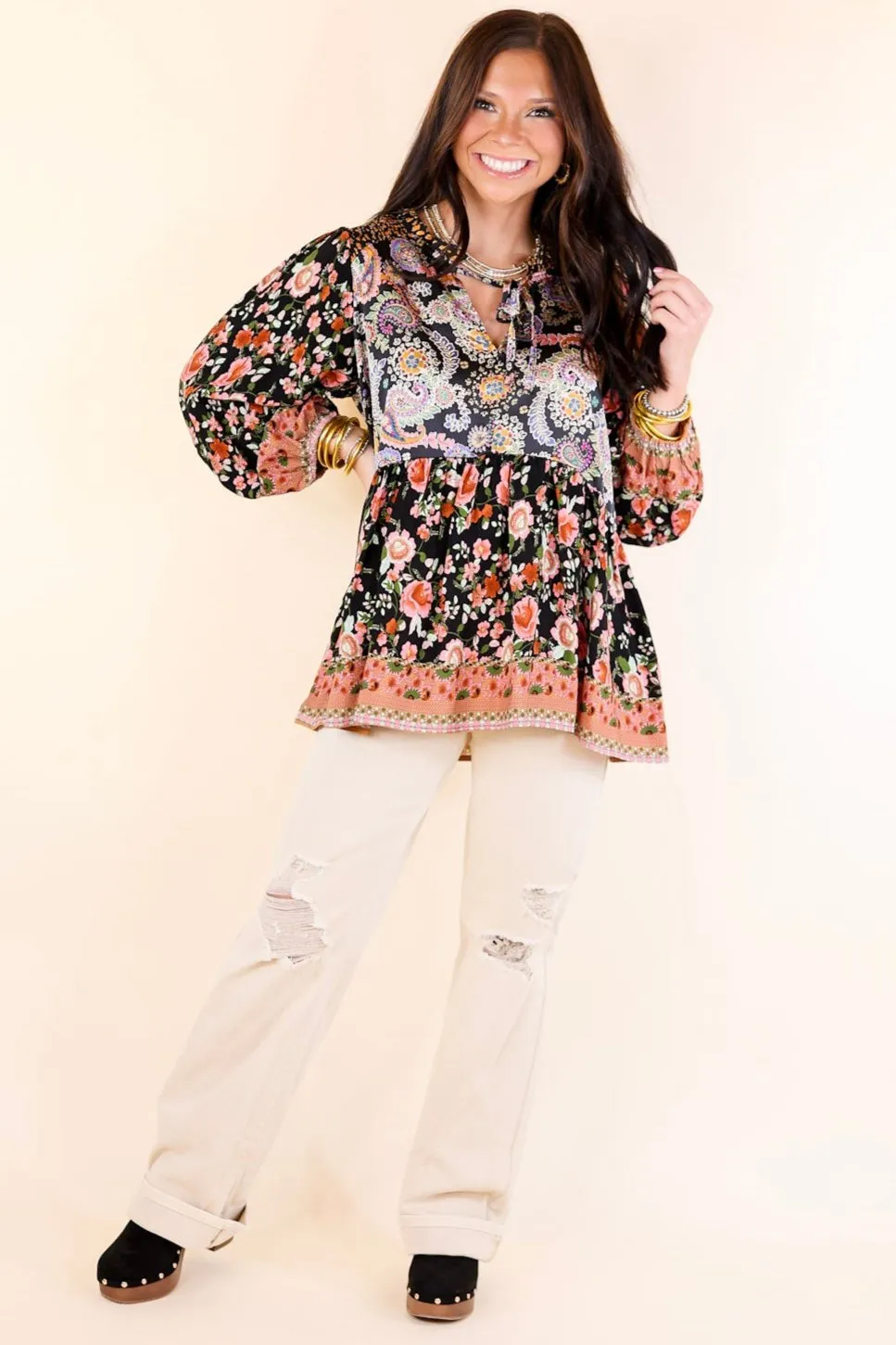 Floral Fusion Long Sleeve Floral Print Top in Black