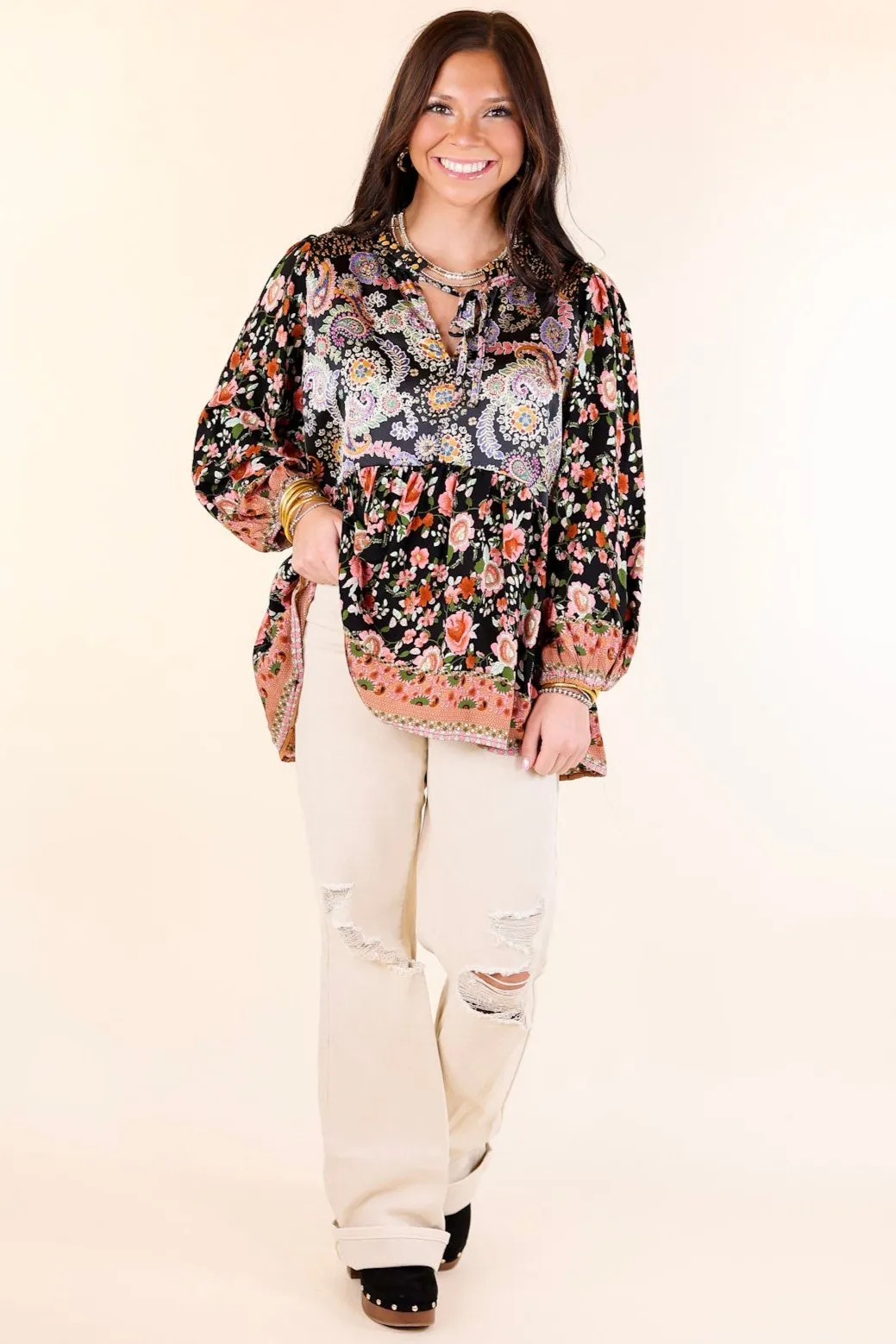 Floral Fusion Long Sleeve Floral Print Top in Black