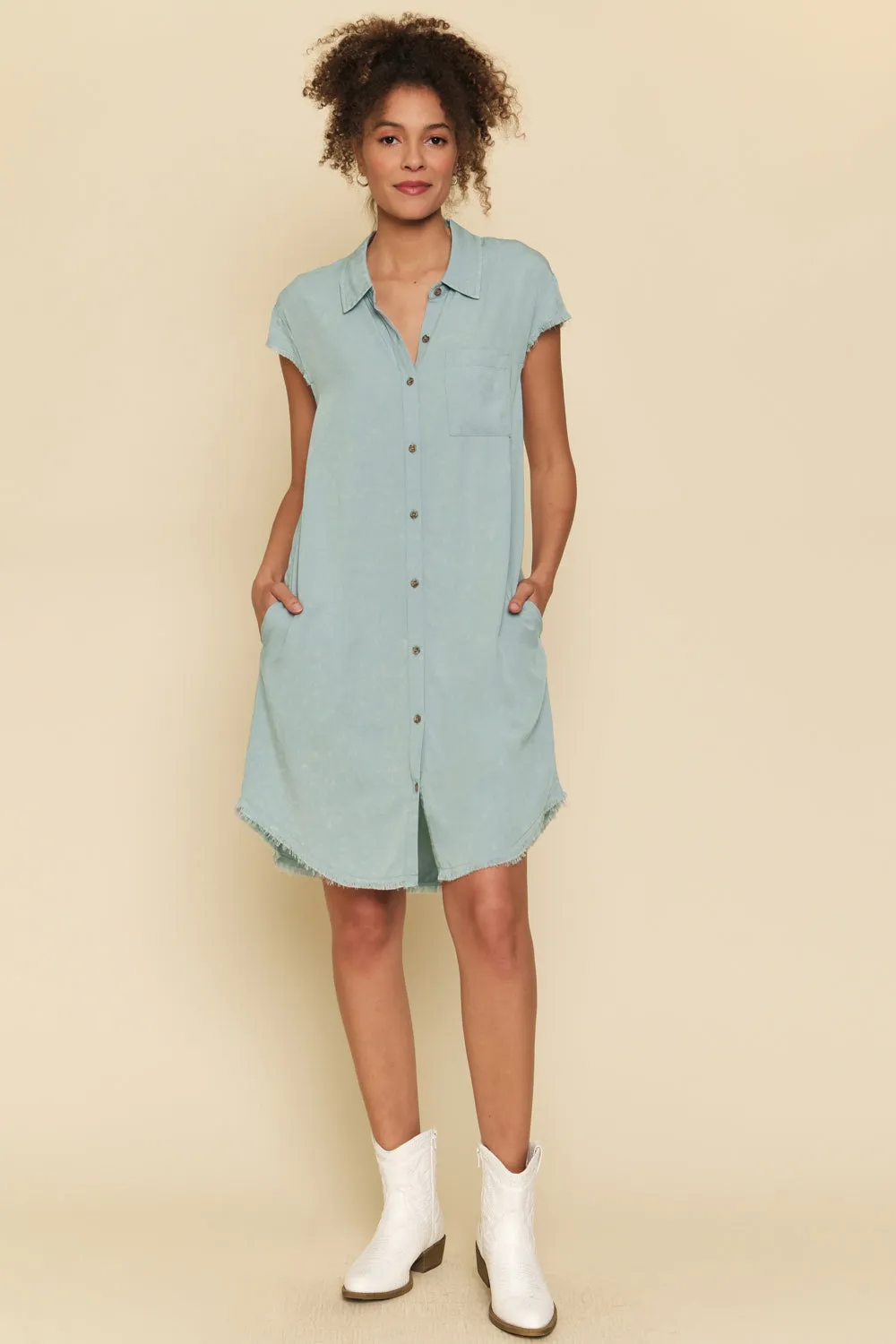 Frayed Edge Tencel Shirt Dress | Light Blue
