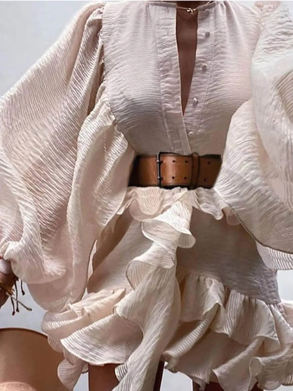 French Long Sleeve Chiffon Wrinkled Skirt