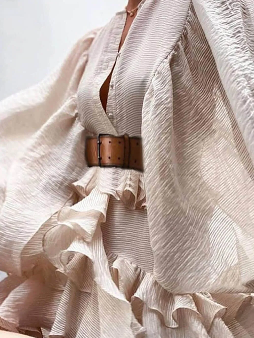 French Long Sleeve Chiffon Wrinkled Skirt