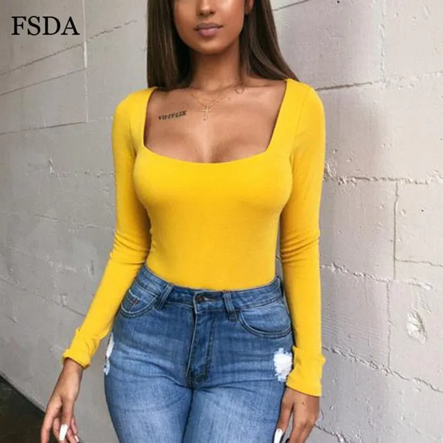 FSDA Long Sleeve Knitted Skinny Bodysuit Women Winter Autumn Winter Solid Square Collar White Black Casual Body Top Jumpsuit