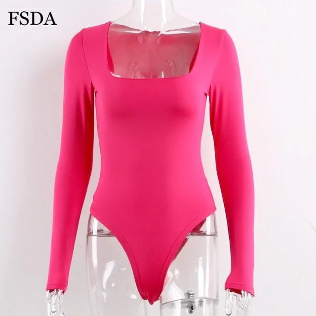 FSDA Long Sleeve Knitted Skinny Bodysuit Women Winter Autumn Winter Solid Square Collar White Black Casual Body Top Jumpsuit