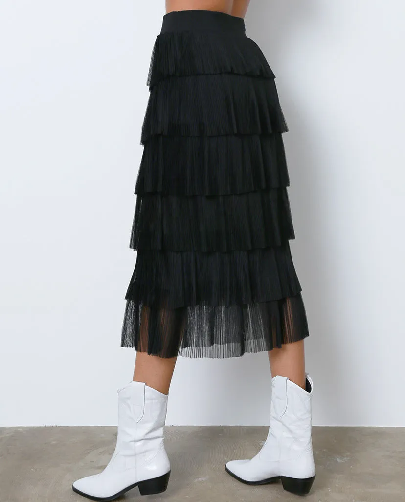 Go With The Flow Midi Skirt - Black Ruffle