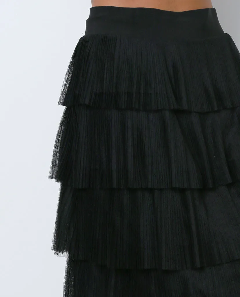 Go With The Flow Midi Skirt - Black Ruffle