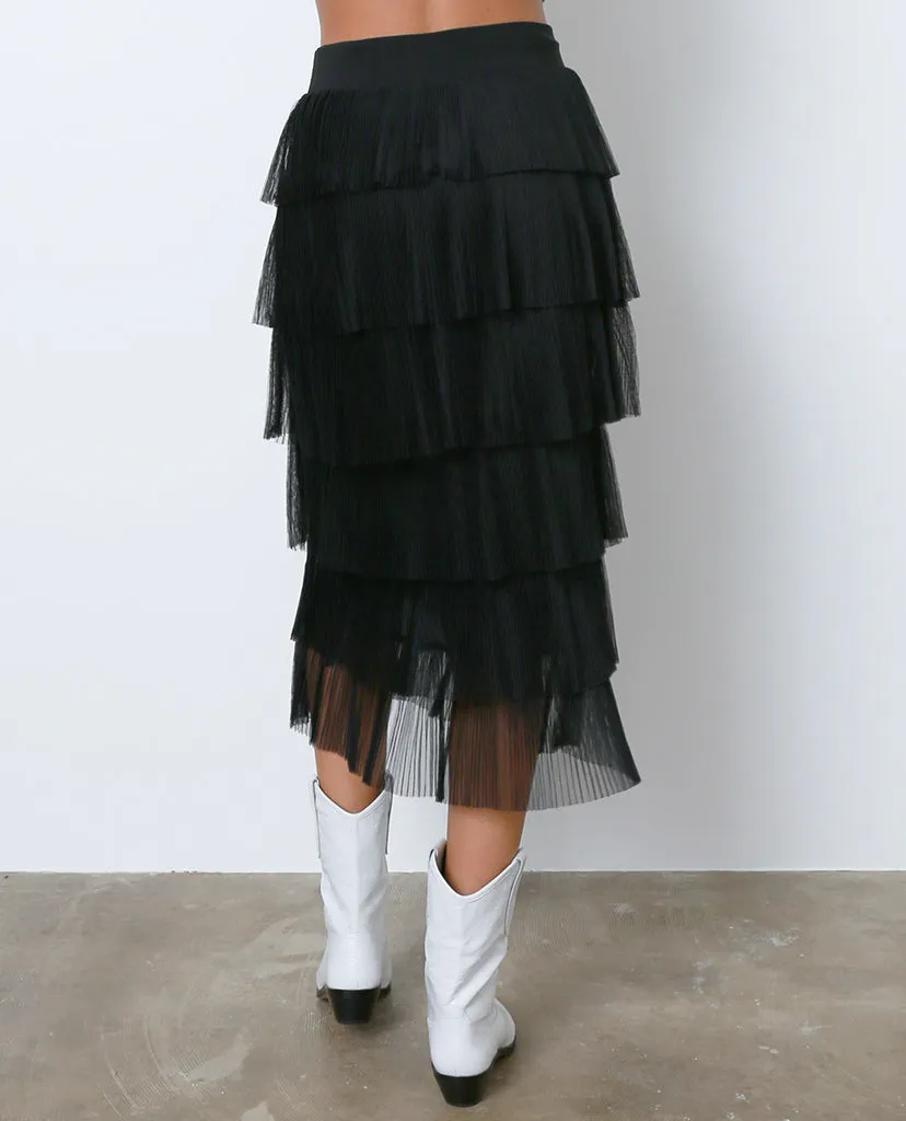 Go With The Flow Midi Skirt - Black Ruffle