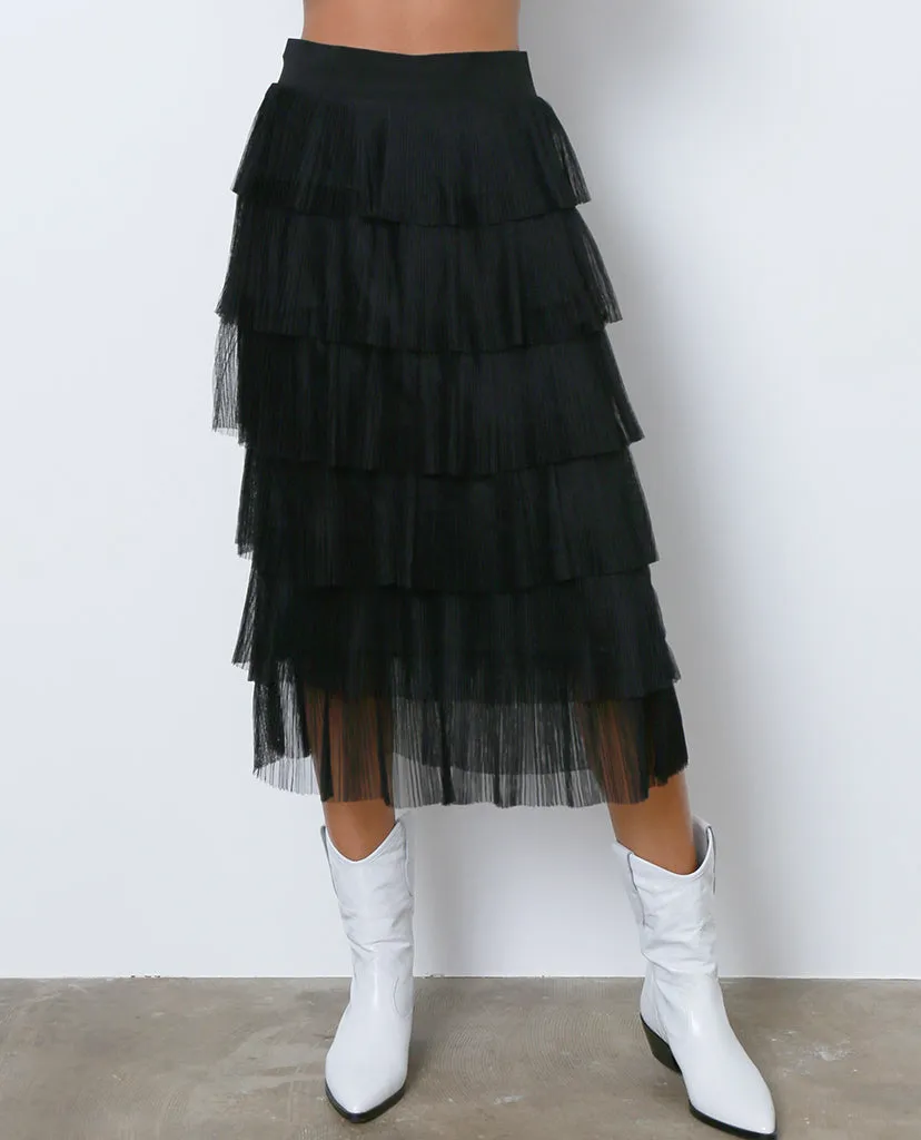 Go With The Flow Midi Skirt - Black Ruffle