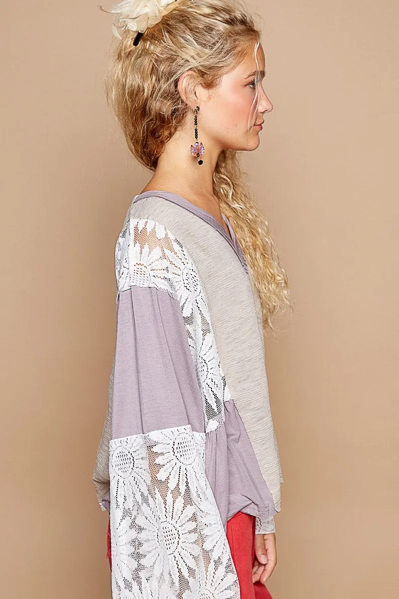 Graceful Lace-Detail Top - Gray/Lilac