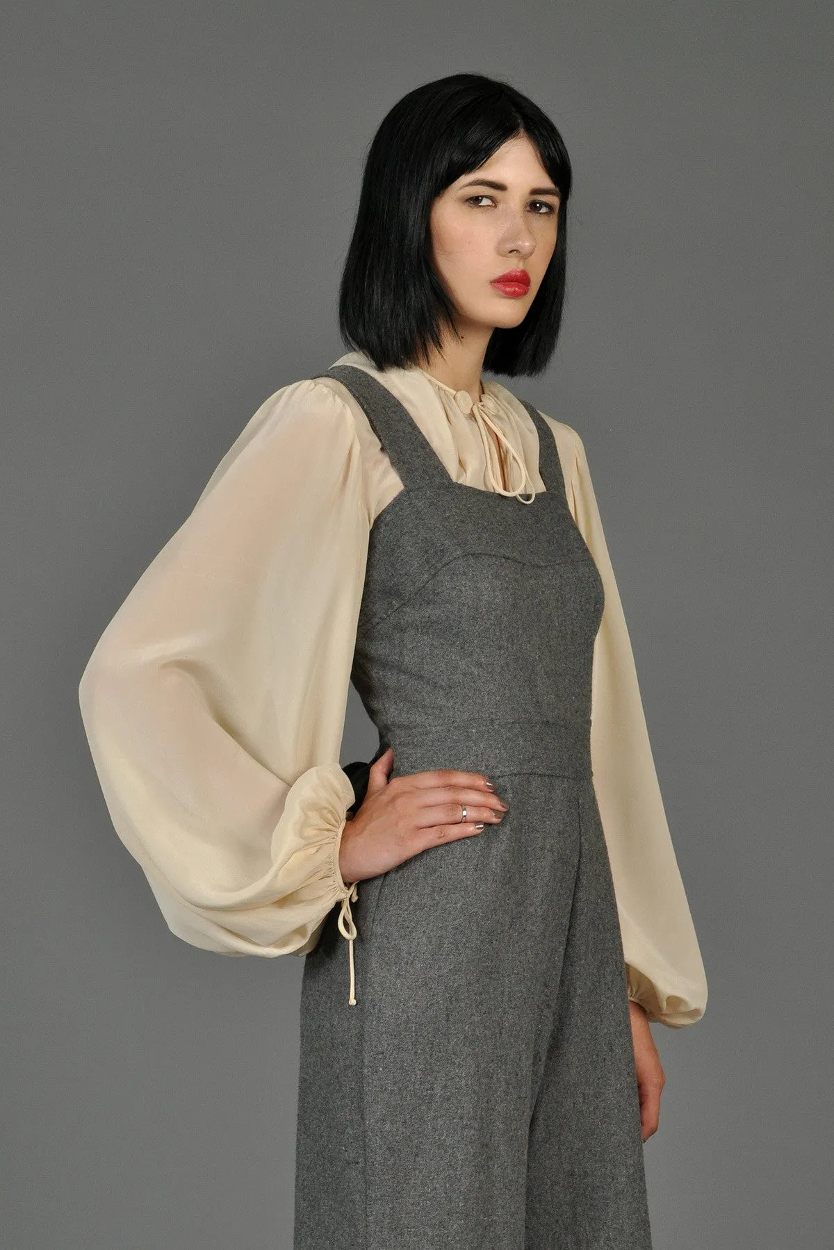 Grey 70s Wide-Legged Wool Overall Jumpsuit