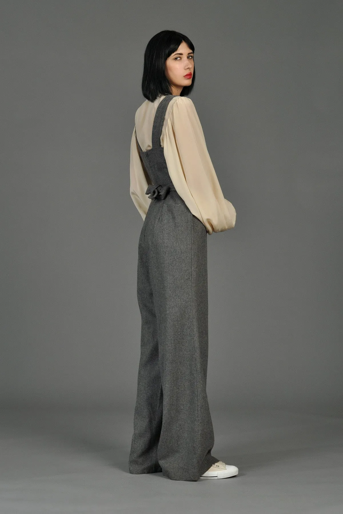 Grey 70s Wide-Legged Wool Overall Jumpsuit