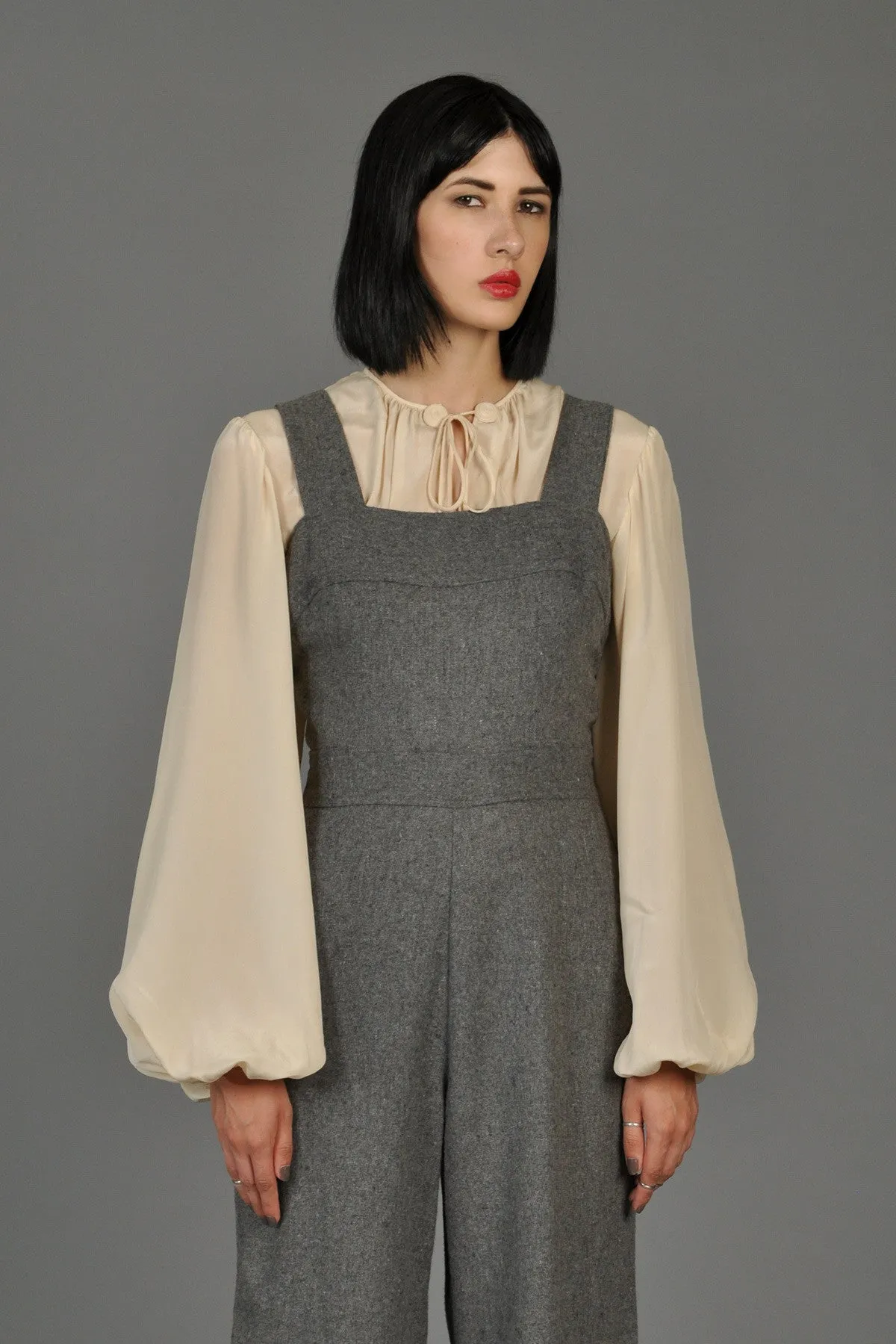 Grey 70s Wide-Legged Wool Overall Jumpsuit