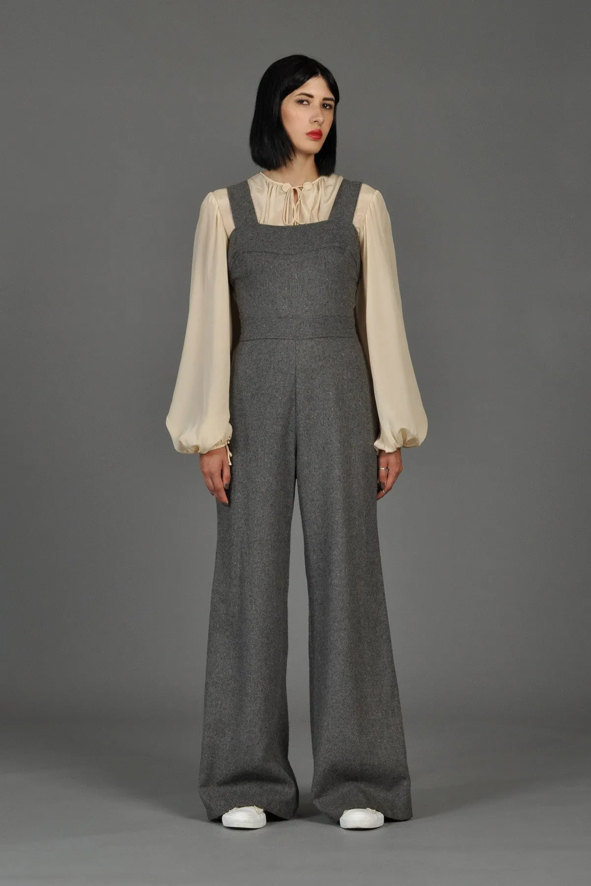 Grey 70s Wide-Legged Wool Overall Jumpsuit
