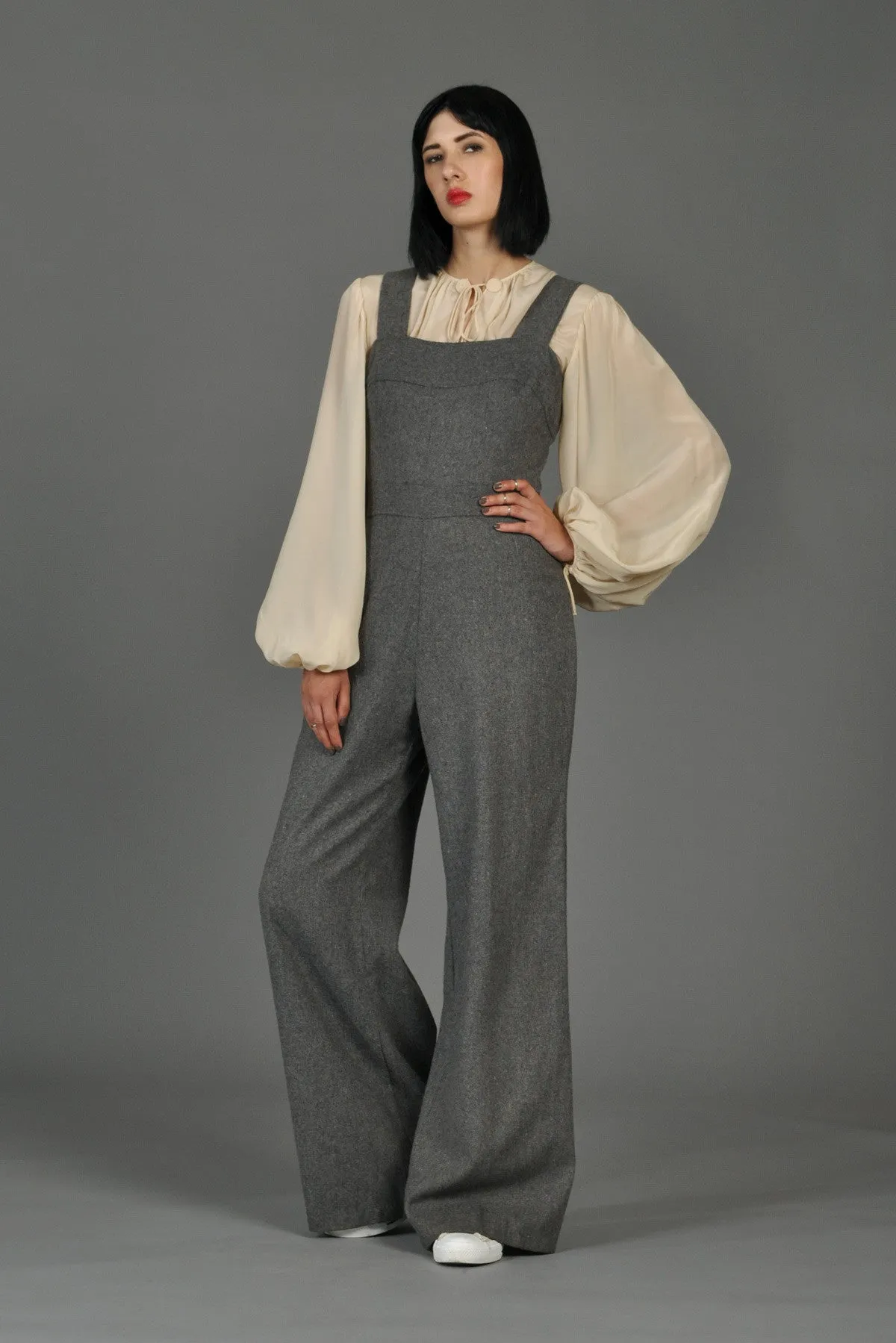 Grey 70s Wide-Legged Wool Overall Jumpsuit