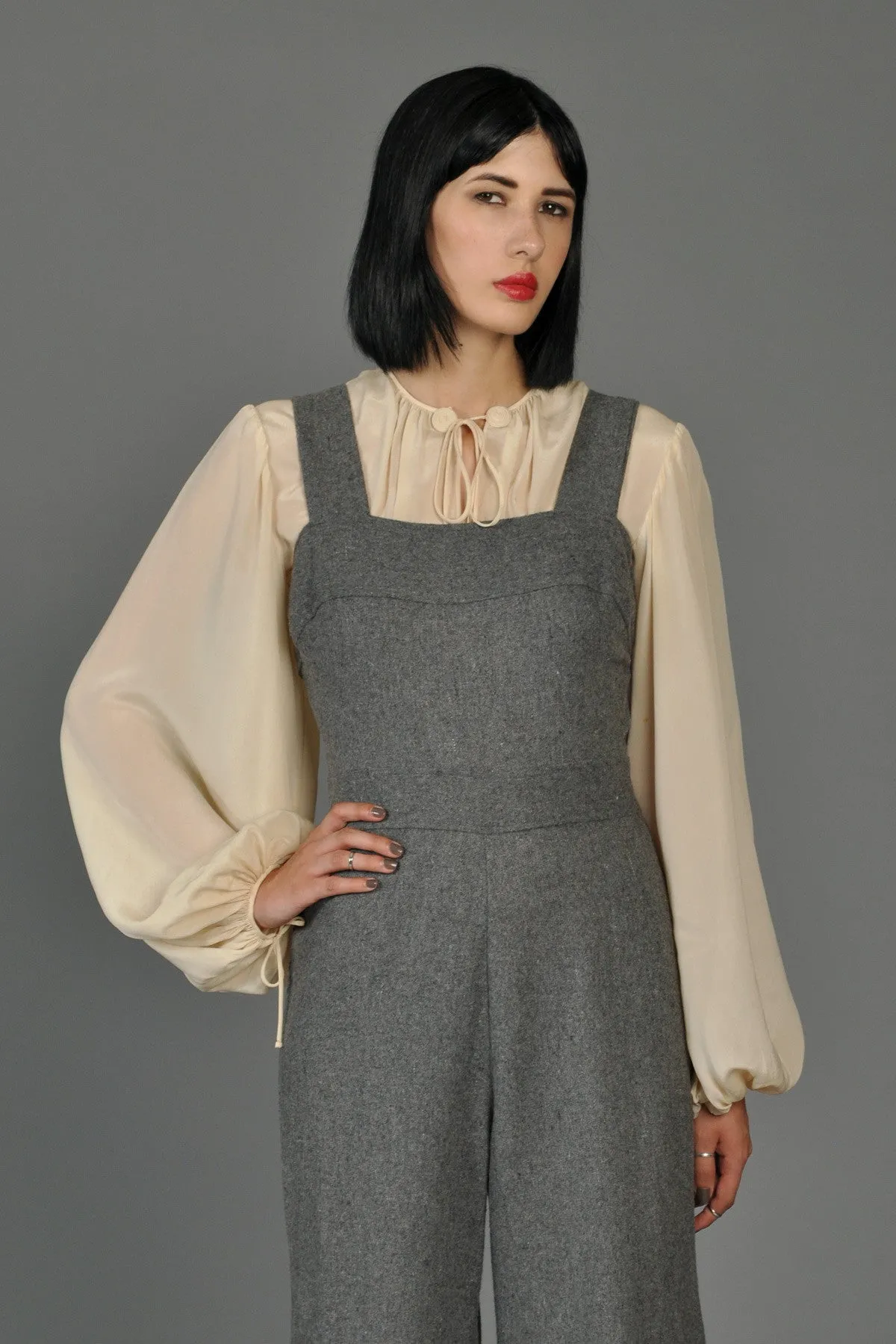 Grey 70s Wide-Legged Wool Overall Jumpsuit