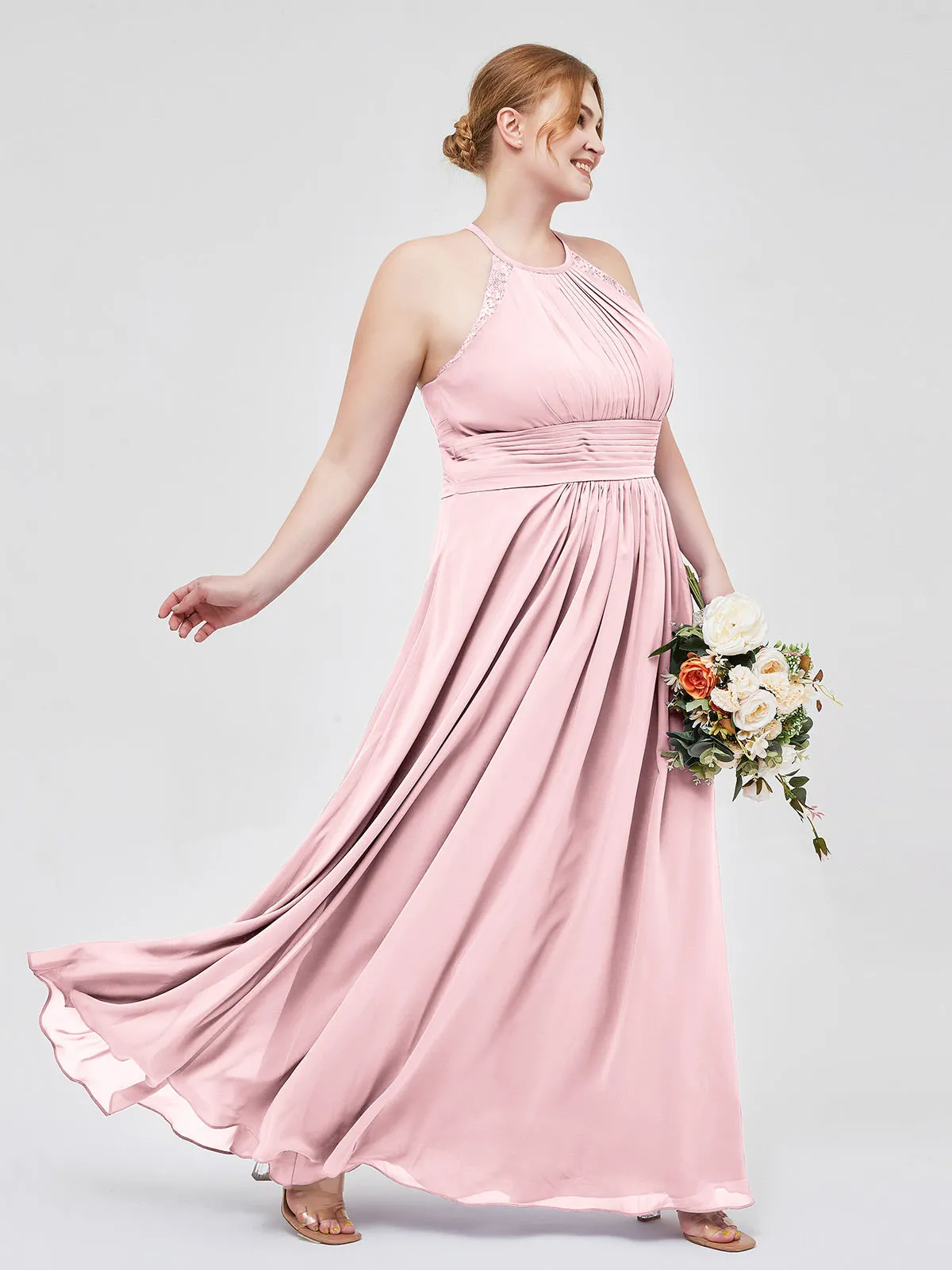 Halter Chiffon Long Gown With Lace Strap Blushing Pink