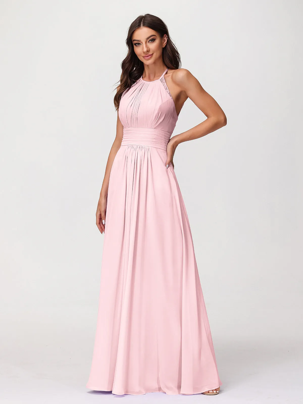Halter Chiffon Long Gown With Lace Strap Blushing Pink