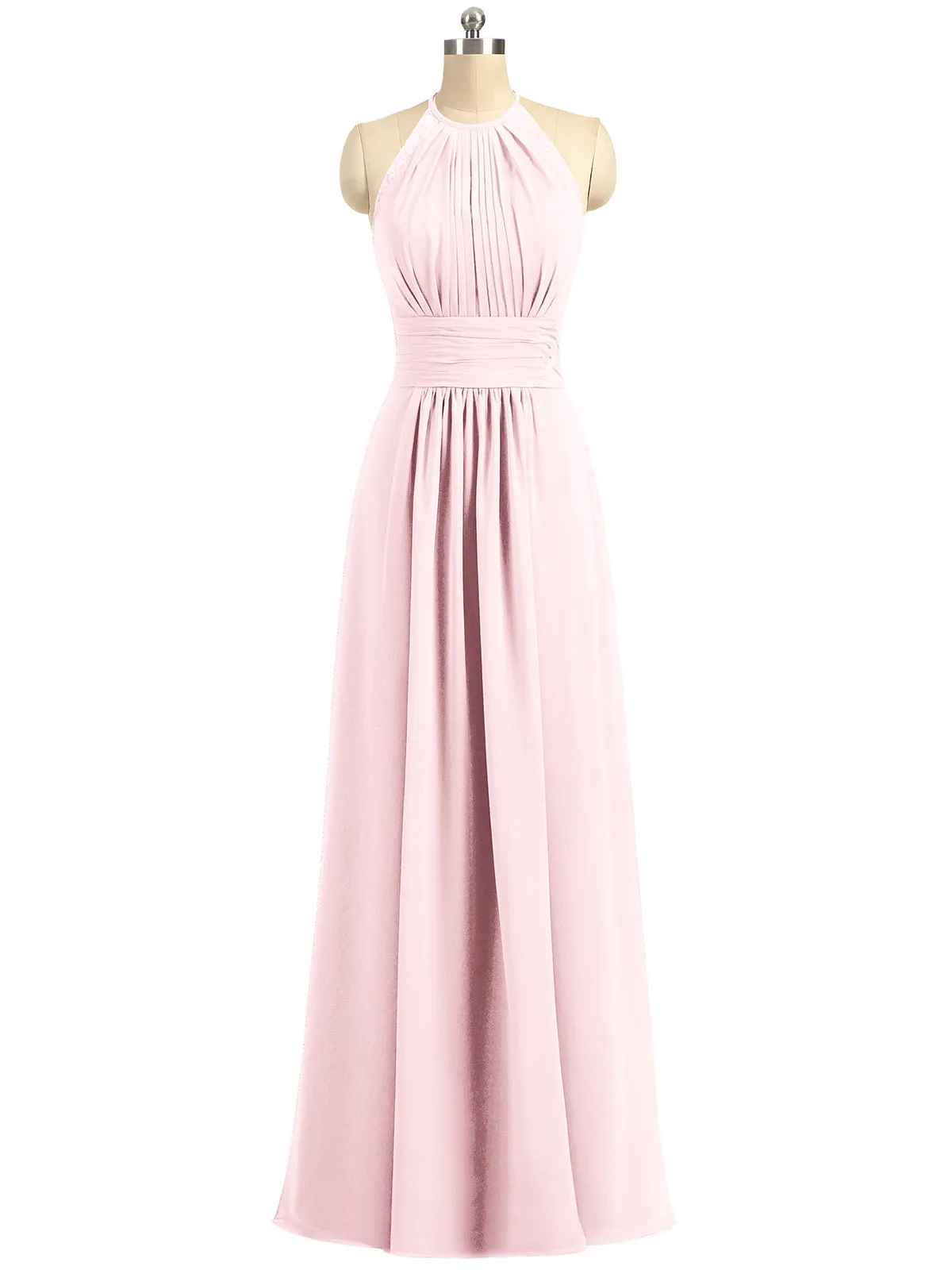 Halter Chiffon Long Gown With Lace Strap Blushing Pink