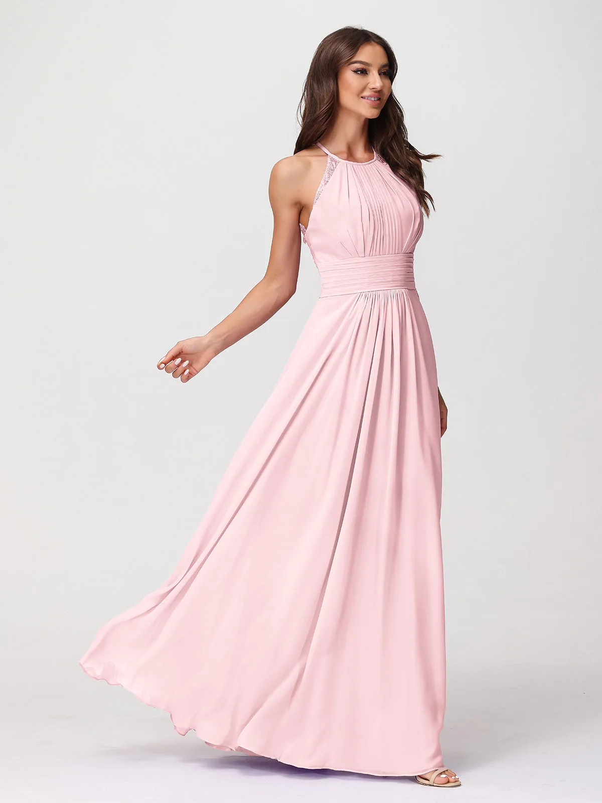 Halter Chiffon Long Gown With Lace Strap Blushing Pink