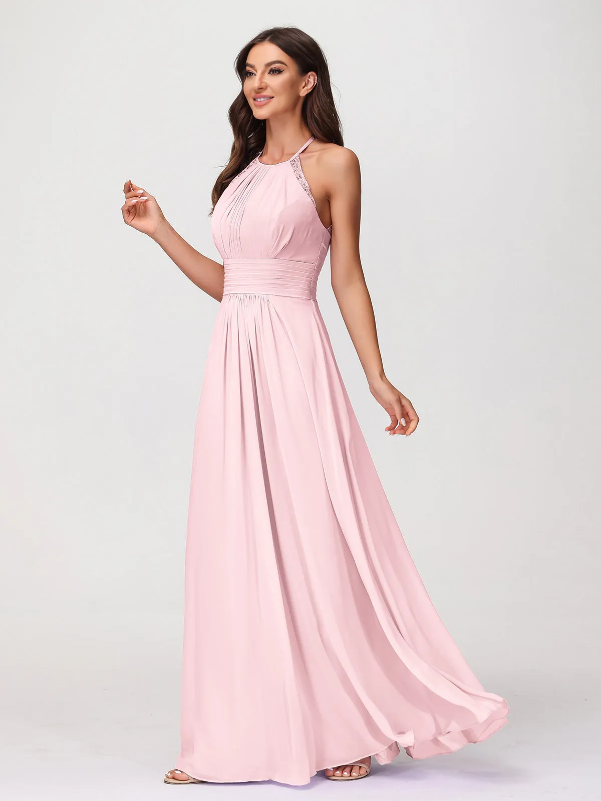 Halter Chiffon Long Gown With Lace Strap Blushing Pink