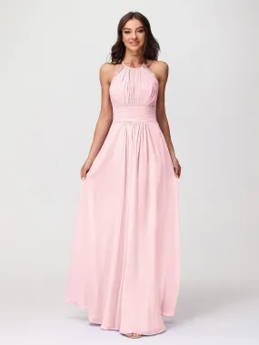 Halter Chiffon Long Gown With Lace Strap Blushing Pink