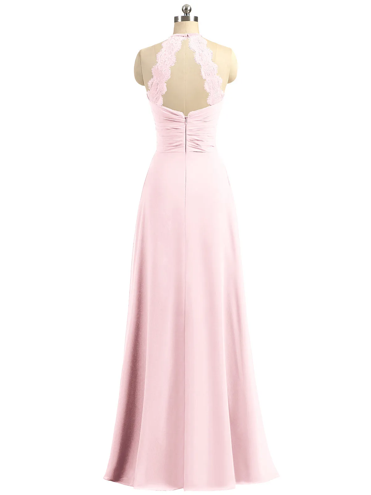 Halter Chiffon Long Gown With Lace Strap Blushing Pink