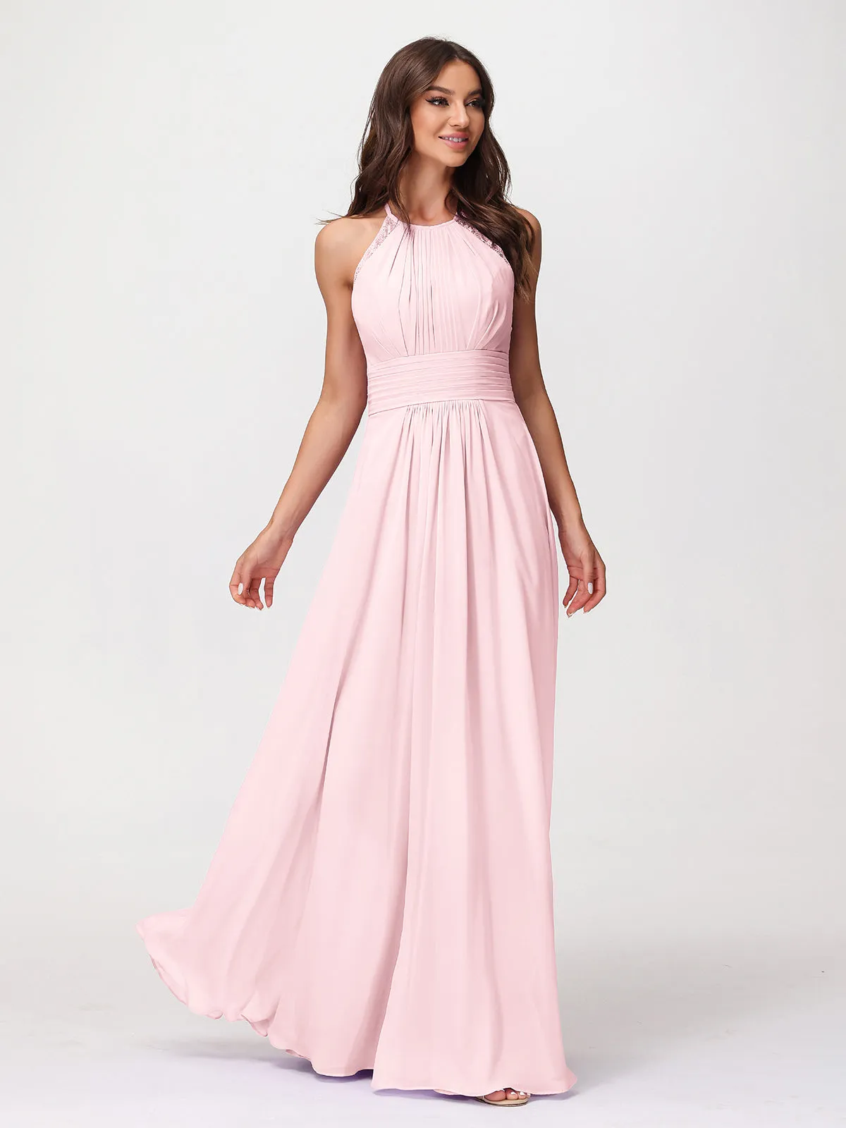 Halter Chiffon Long Gown With Lace Strap Blushing Pink