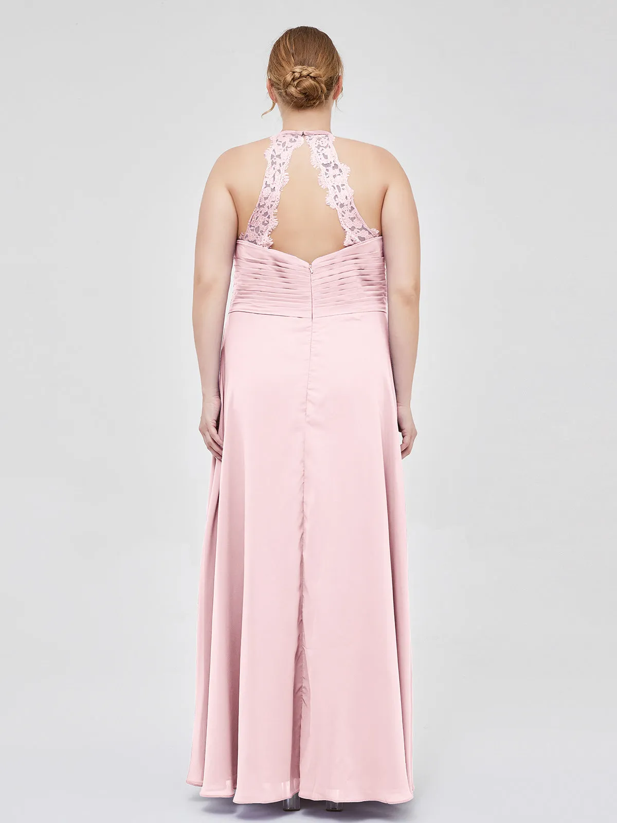 Halter Chiffon Long Gown With Lace Strap Blushing Pink
