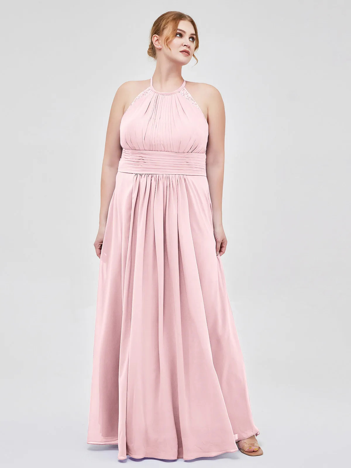 Halter Chiffon Long Gown With Lace Strap Blushing Pink