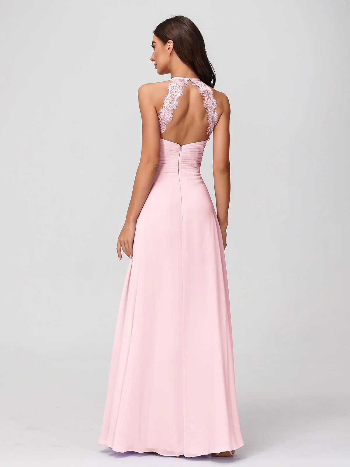 Halter Chiffon Long Gown With Lace Strap Blushing Pink