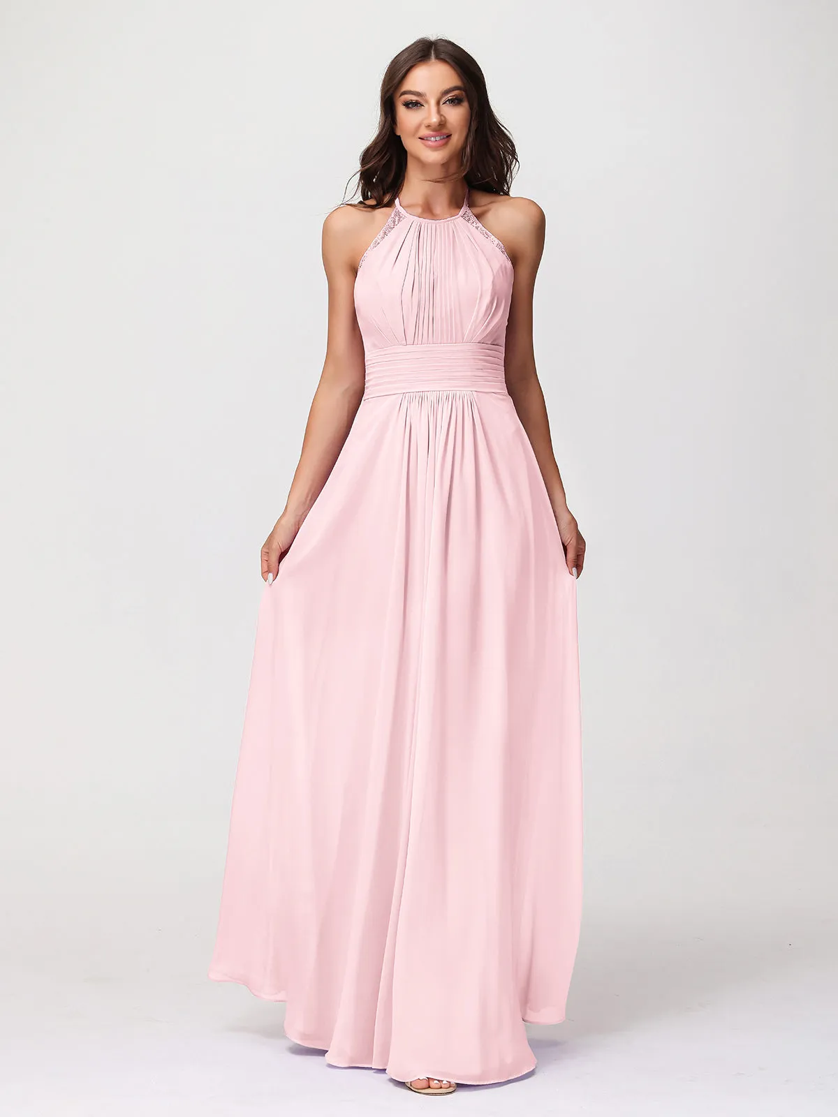 Halter Chiffon Long Gown With Lace Strap Blushing Pink