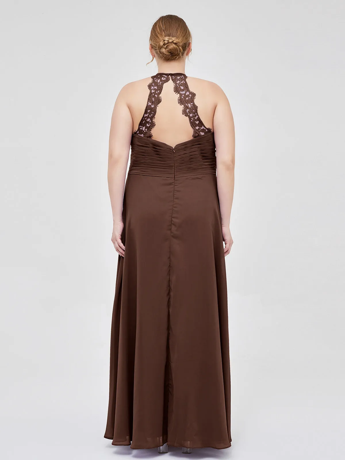 Halter Chiffon Long Gown With Lace Strap Chocolate