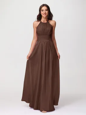 Halter Chiffon Long Gown With Lace Strap Chocolate