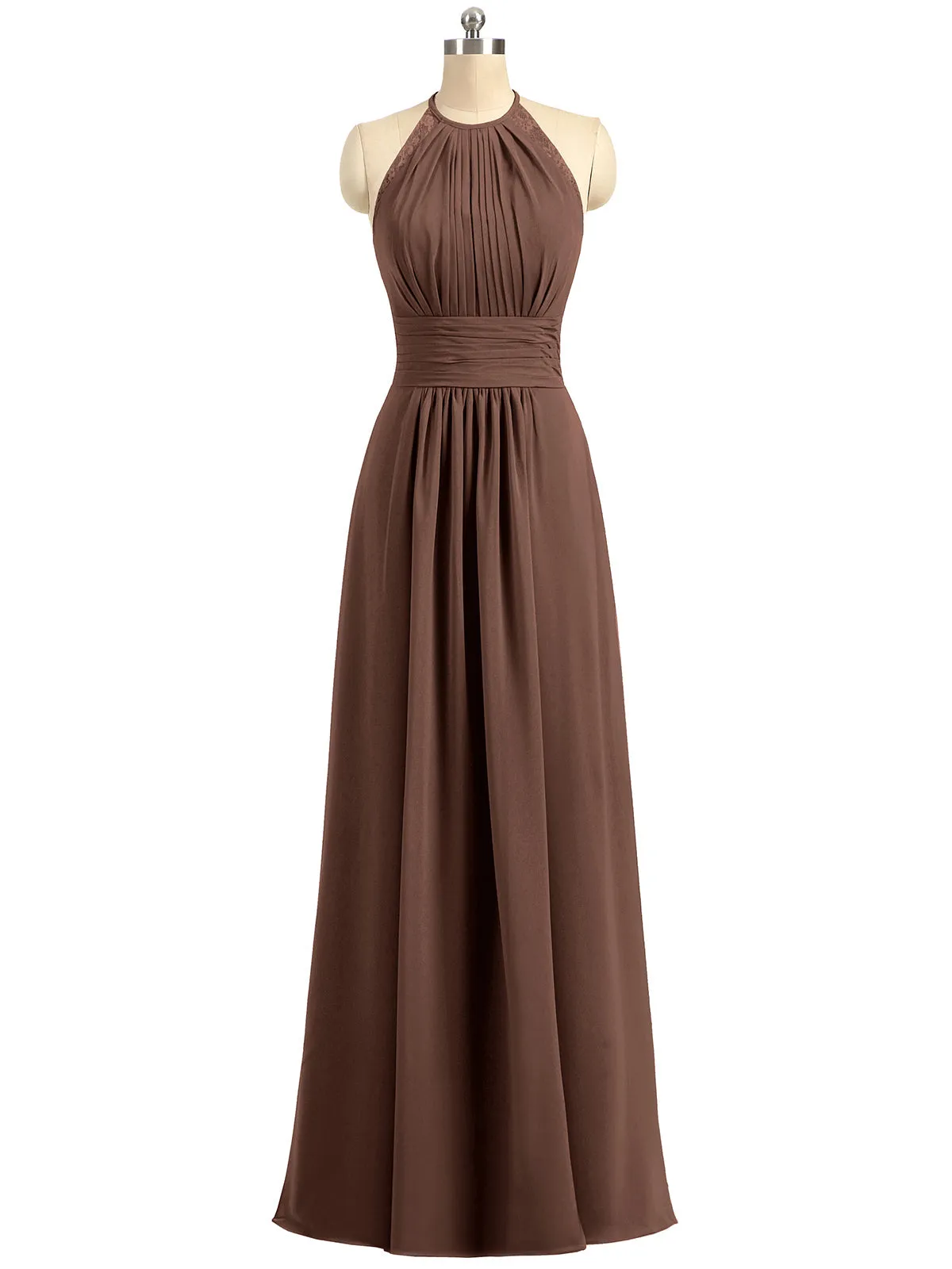 Halter Chiffon Long Gown With Lace Strap Chocolate