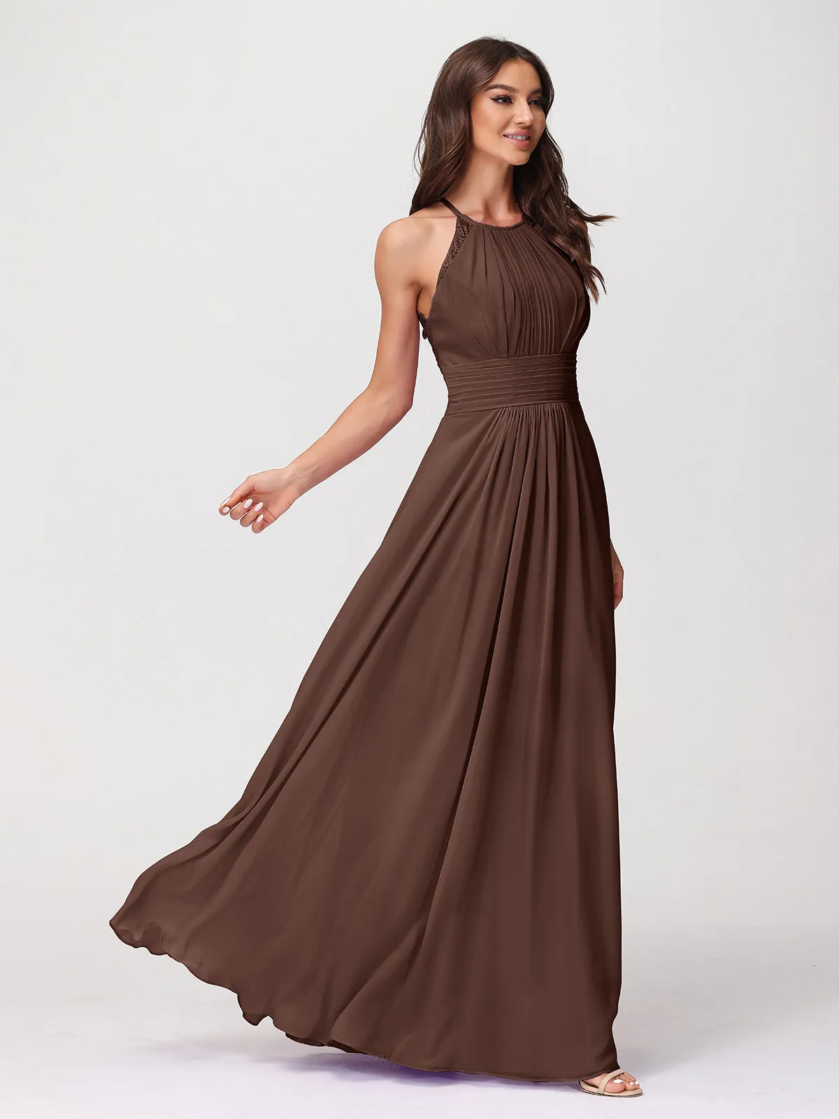 Halter Chiffon Long Gown With Lace Strap Chocolate