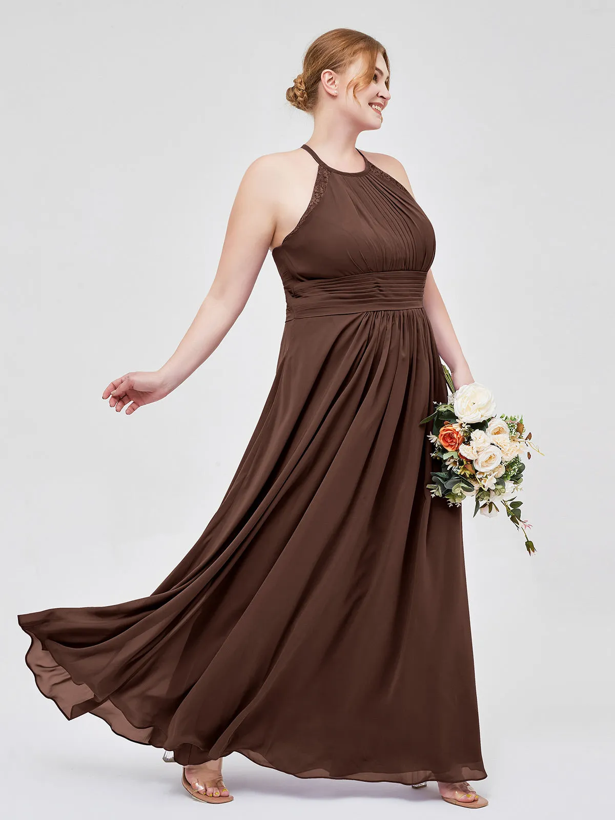 Halter Chiffon Long Gown With Lace Strap Chocolate