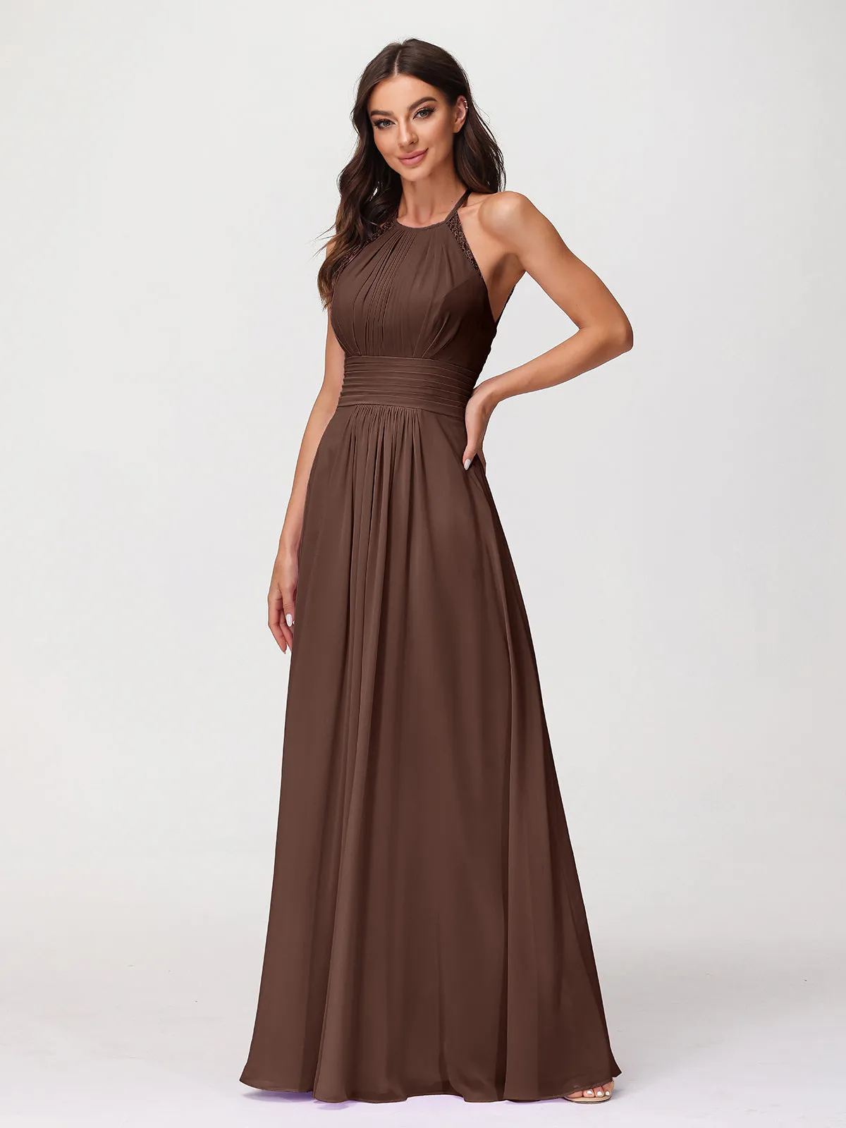 Halter Chiffon Long Gown With Lace Strap Chocolate