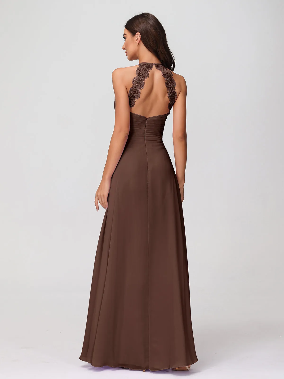 Halter Chiffon Long Gown With Lace Strap Chocolate