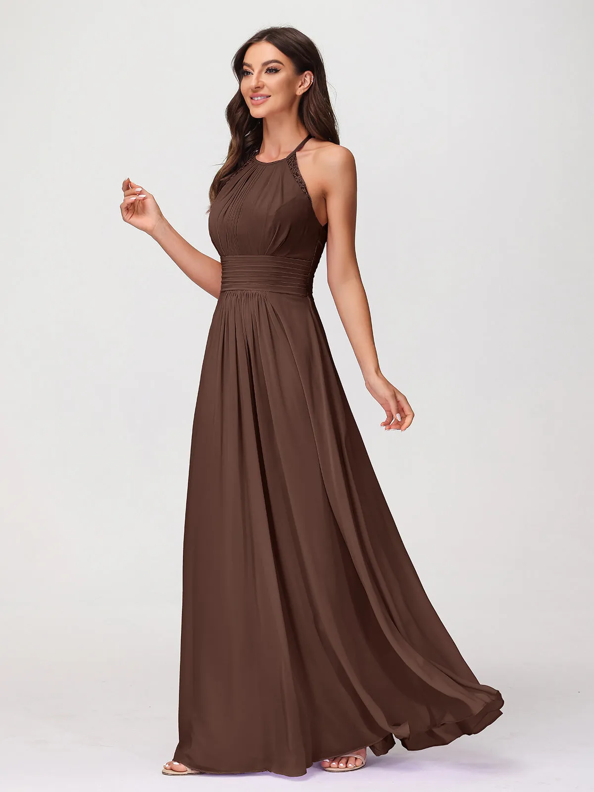 Halter Chiffon Long Gown With Lace Strap Chocolate