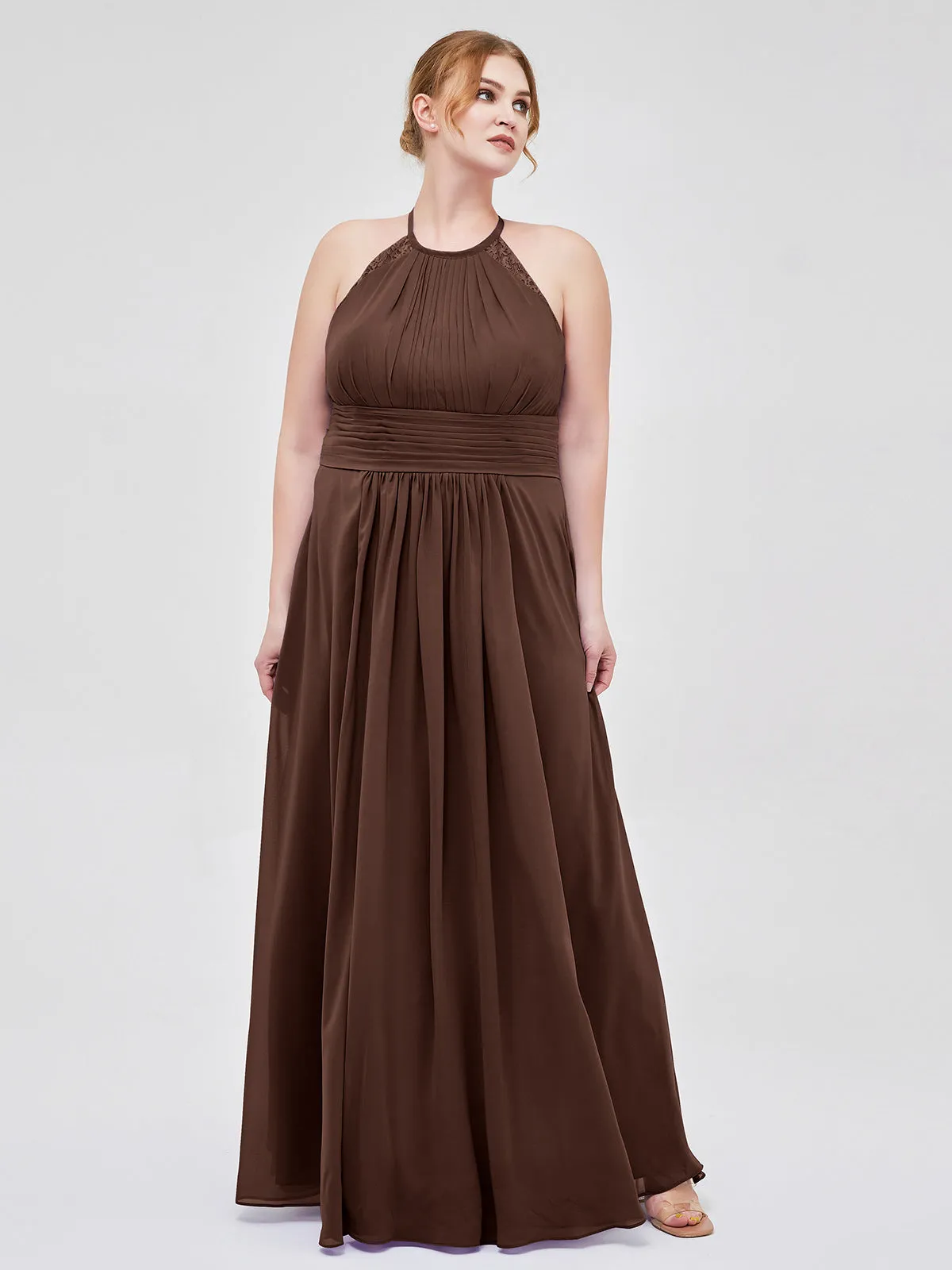 Halter Chiffon Long Gown With Lace Strap Chocolate