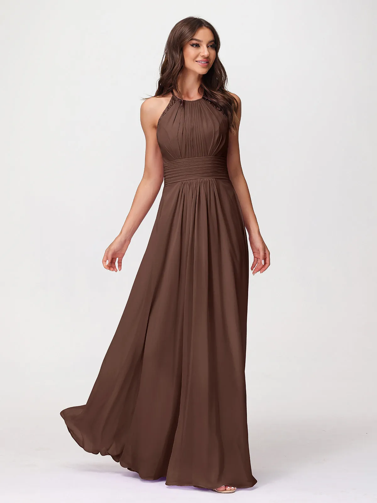 Halter Chiffon Long Gown With Lace Strap Chocolate