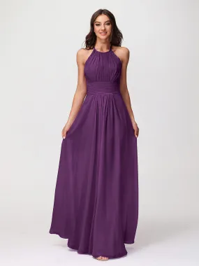 Halter Chiffon Long Gown With Lace Strap Grape