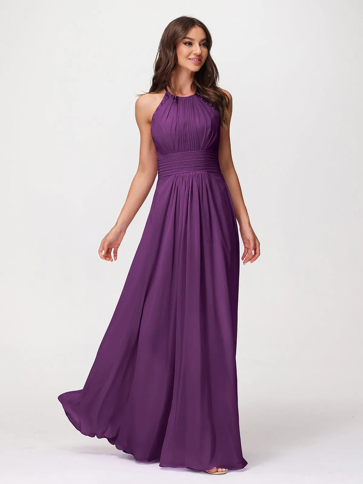 Halter Chiffon Long Gown With Lace Strap Grape