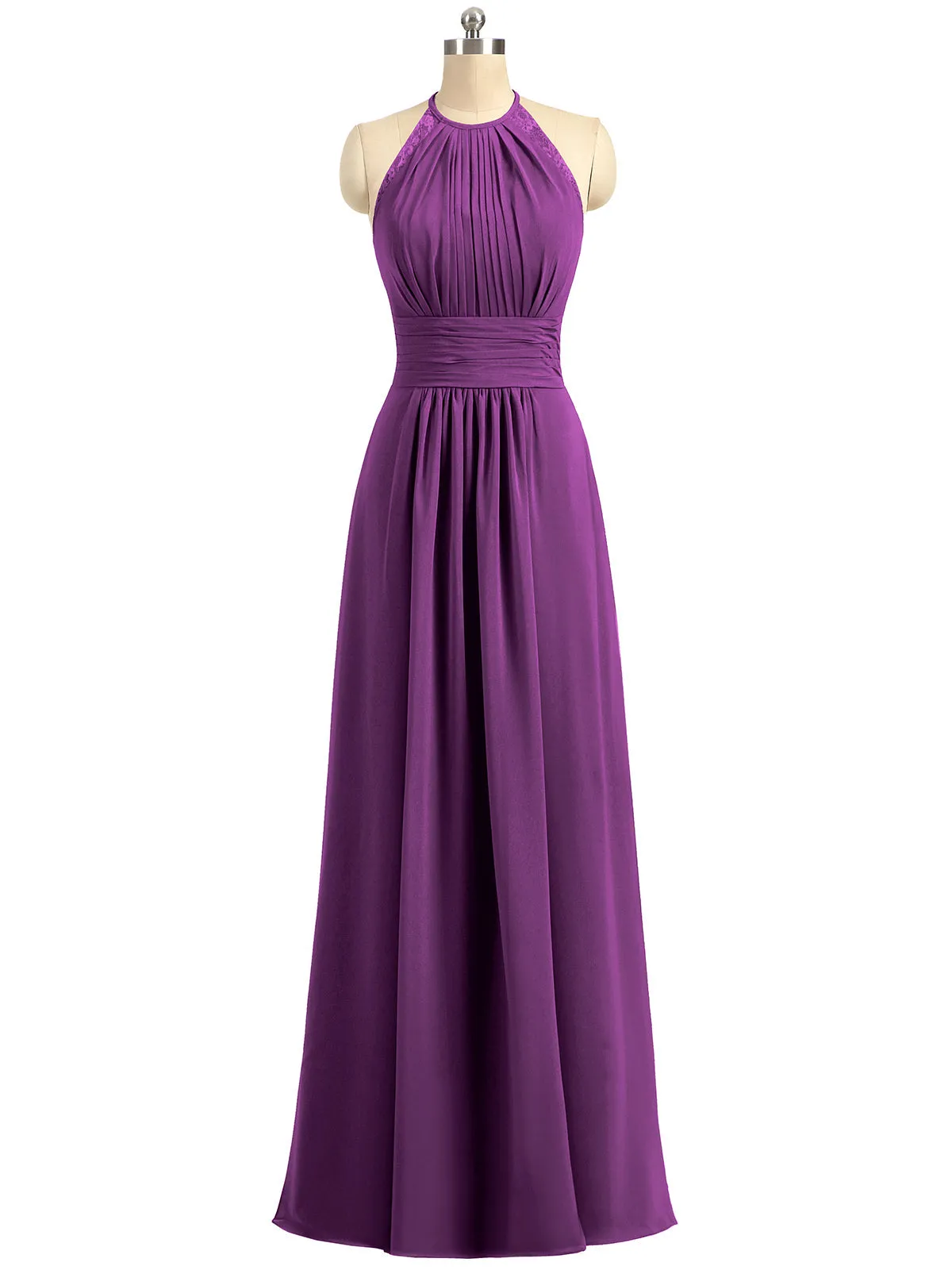 Halter Chiffon Long Gown With Lace Strap Grape