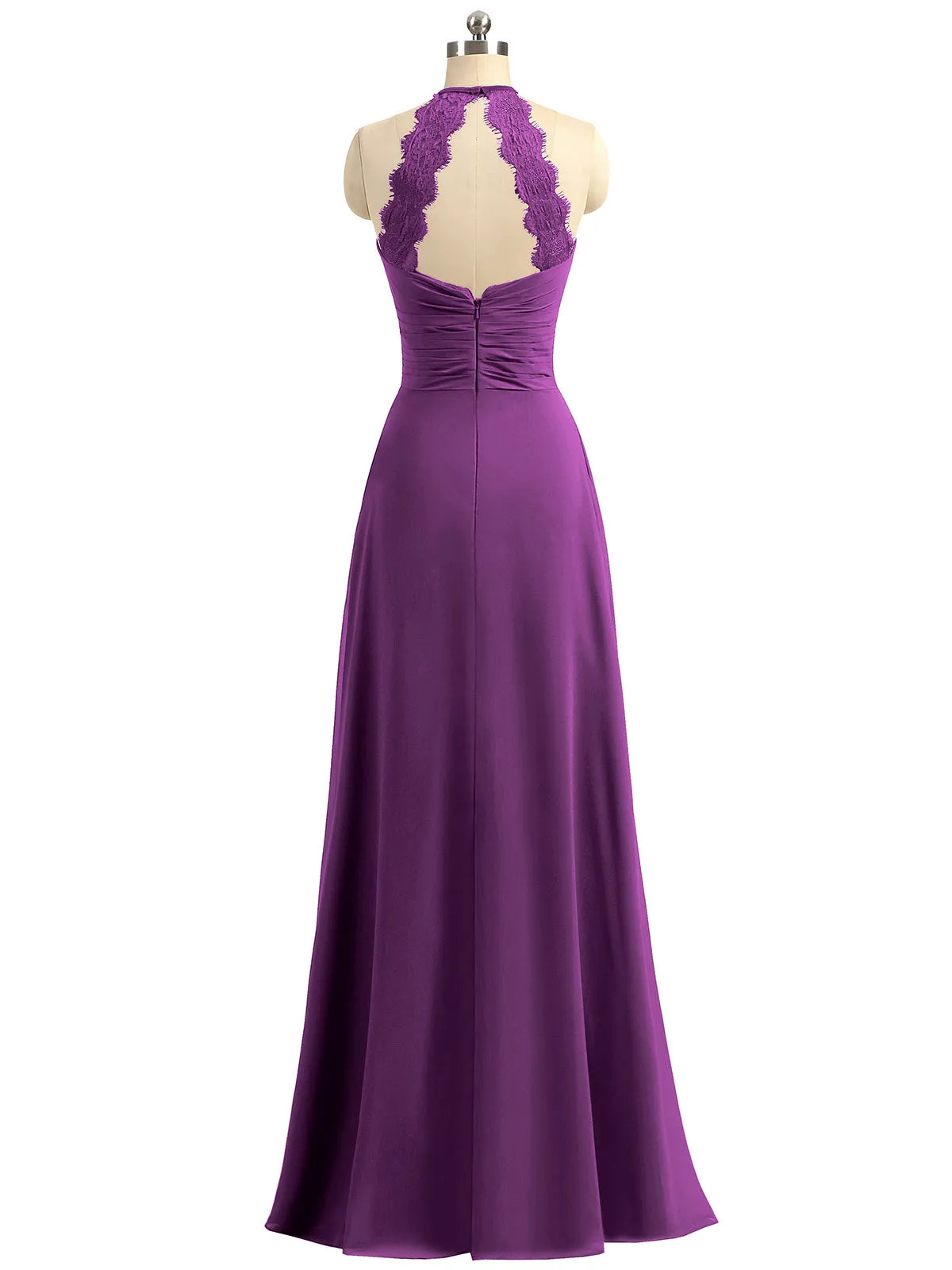 Halter Chiffon Long Gown With Lace Strap Grape