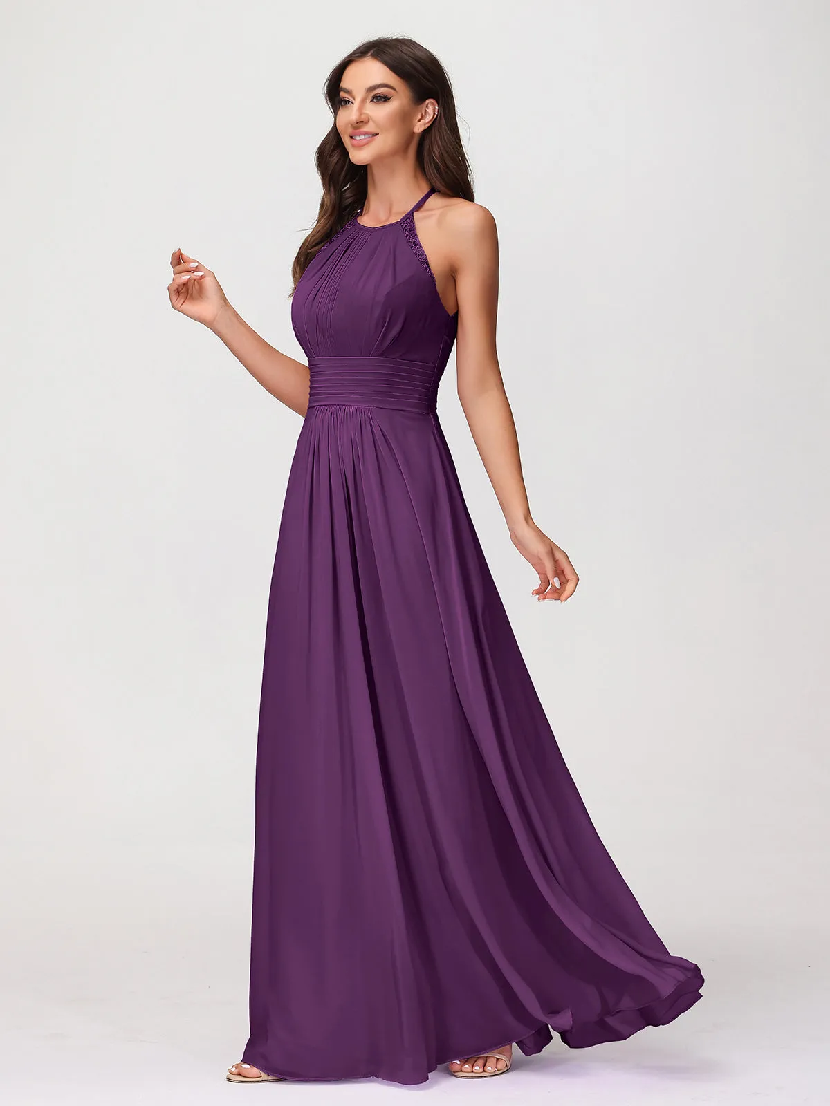 Halter Chiffon Long Gown With Lace Strap Grape