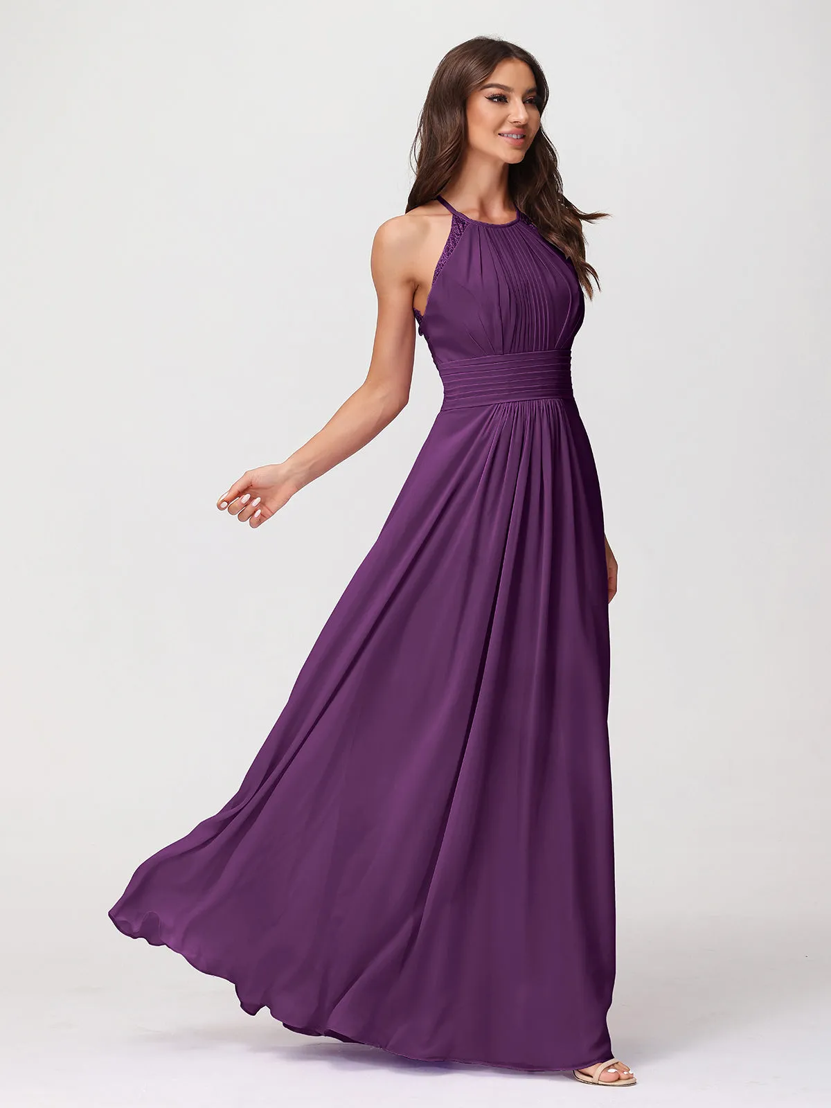 Halter Chiffon Long Gown With Lace Strap Grape