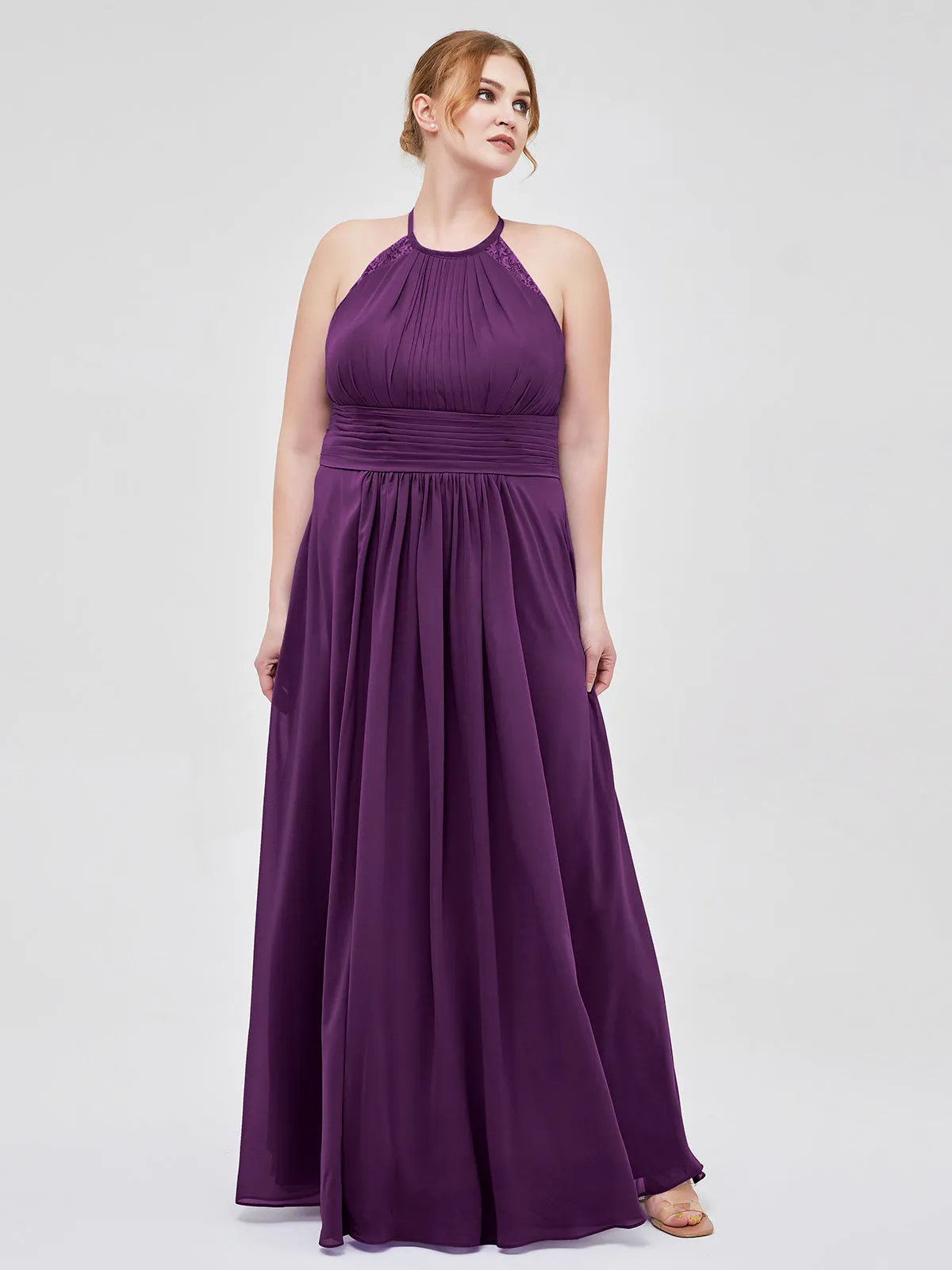 Halter Chiffon Long Gown With Lace Strap Grape
